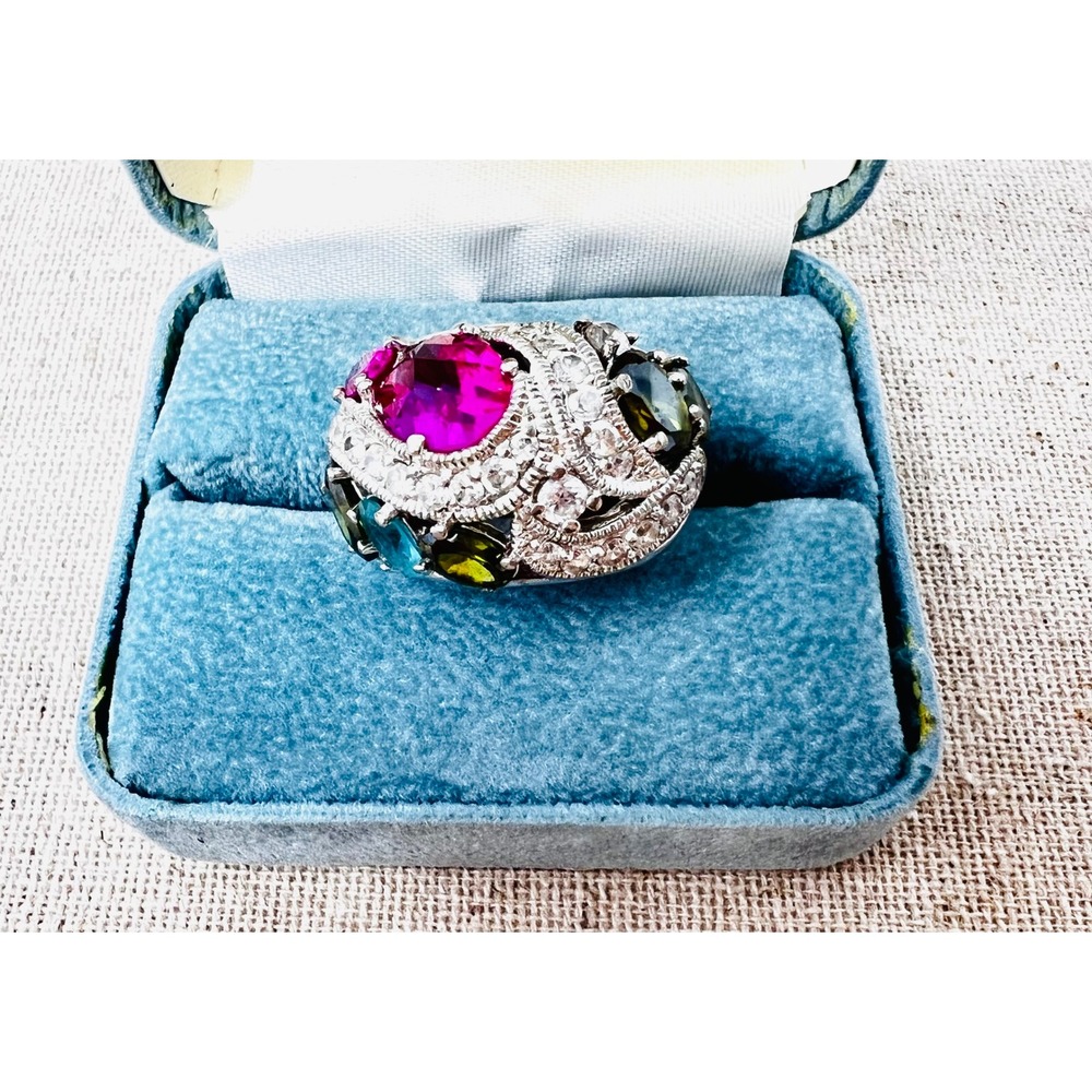 Sterling Silver Multi Gemstone Statement Pink Green Blue Cluster Ring Size 7
